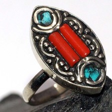 Tibetan Turquoise Red Coral Nepali Tribal Ring US FreeSize MJ