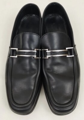 Ermenegildo Zegna Mens Black Leather Slip On Link Loafers Shoes Size 8 EE