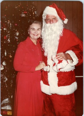 1960s Older Happy Woman Standing Next to Santa Clause Christmas Red Dress  Photo | eBay