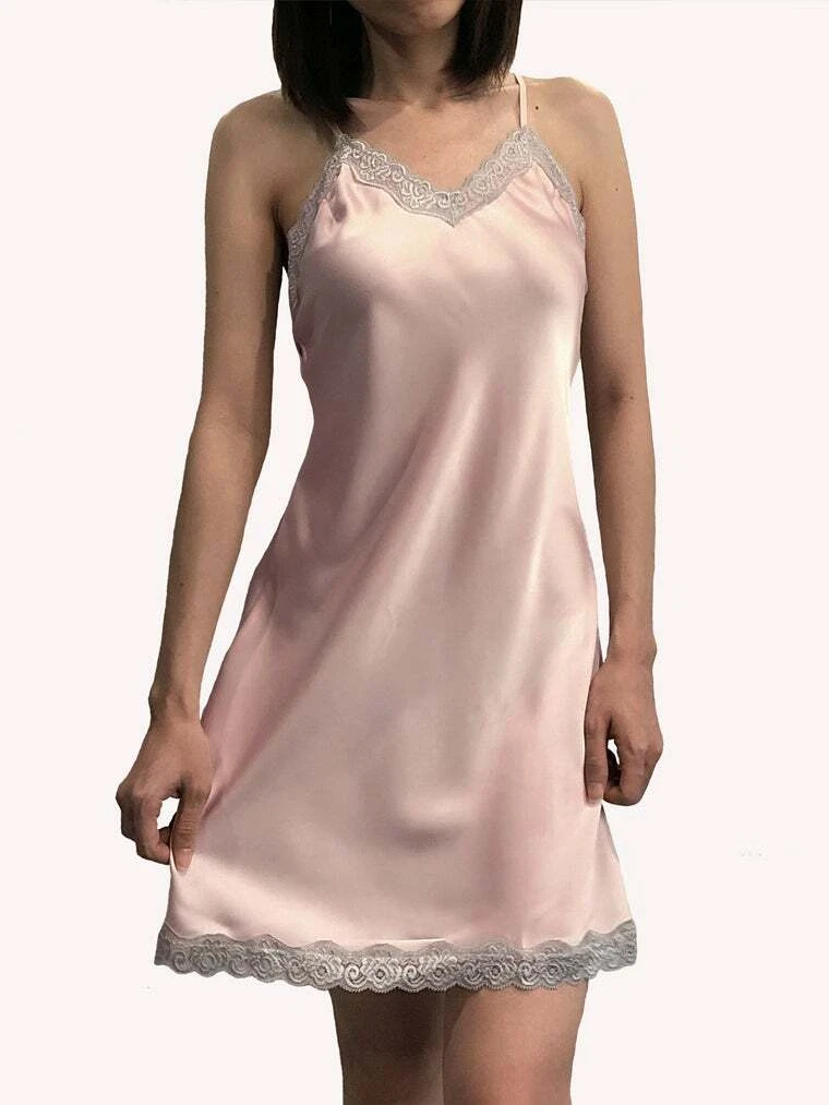 Women's Pajama Pink Lace Silky Floral Embroidered Slip Sleep Dress Sleepwear