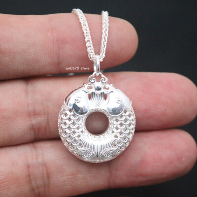 Pure 999 Fine Silver Pendant Women Man Double Fish Play Bead Round Pendant