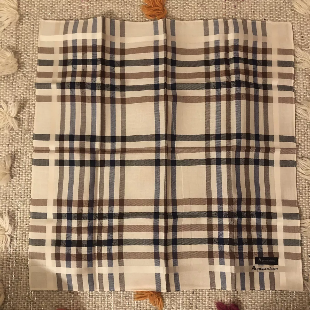 New Aquascutum London Vintage Plaid Cotton Scarf Handkerchief Pocket Square