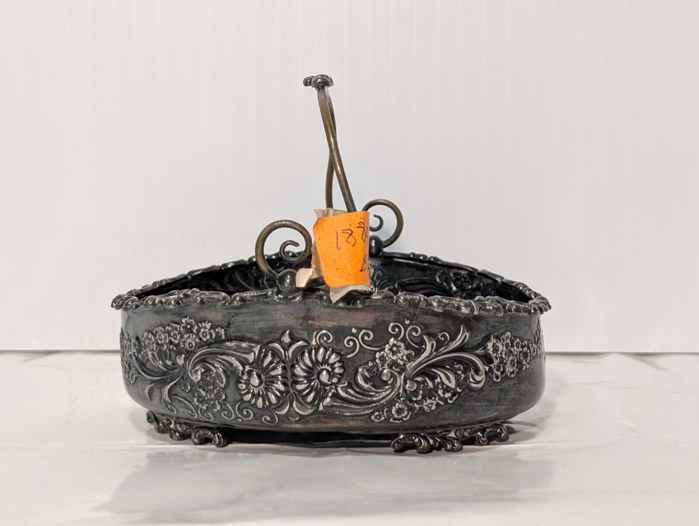 Antique Art Nouveau Silver Plated Footed Bowl w/Handle Floral Design