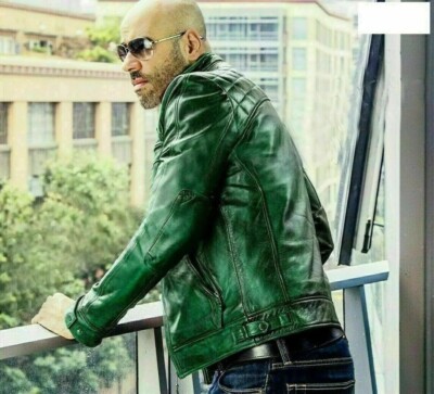 Herren Klassisch Diamant Grün Retro Biker Motorrad Rindsleder Lederjacke