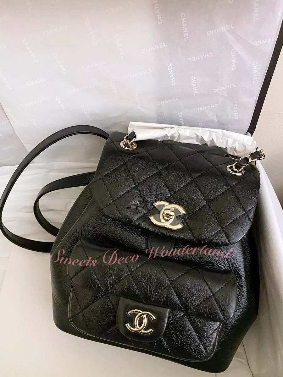 100% AUTH CHANEL CC LOGO BLACK QUILTED AGED CALFSKIN DUMA BACKPACK GOLD HW  BNWT