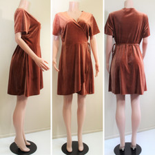 Copper Stretch Velvet Wrap Dress 2X Plus Runs 1X Mini Cross Tie VTG Forever 21