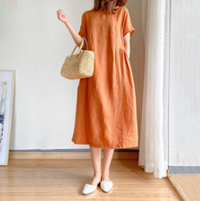 Womens Cotton Linen Retro Casual Summer Tunic Shirt Kaftan Pockets Midi Dress