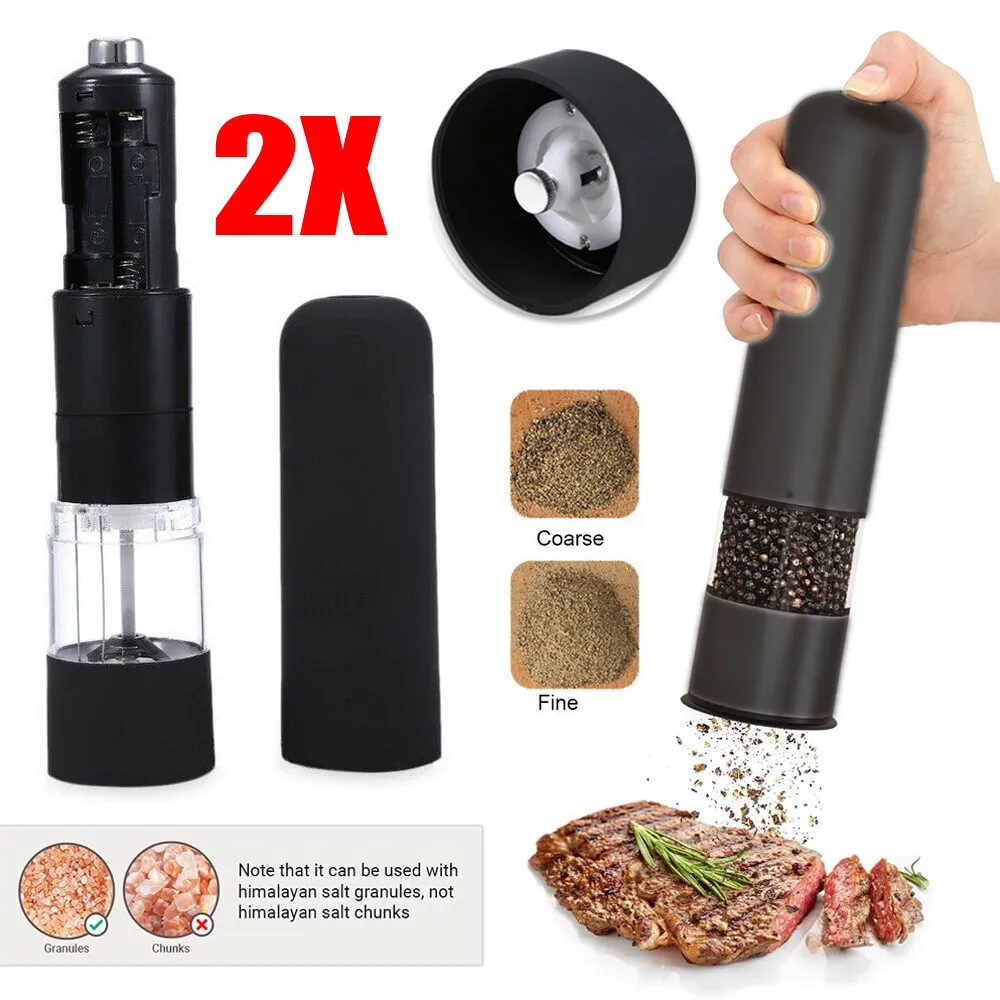 2X Electric Salt Pepper Grinder Set Battery Operated Stainless Steel Spice  Mills