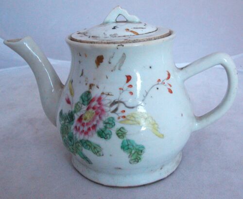 Antique Chinese Famille Rose Hand Painted Teapot with Flowers & Writing  (6.75") - Picture 1 of 1