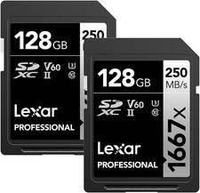 Lexar 128GB 2-Pack Professional 1667X SD Card, UHS-II, C10, U3, V60, Full HD,