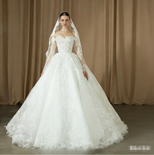 Long-Sleeved Ball Gown Wedding Dresses Full Lace Cubic Floral Sweep Train