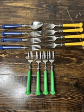 Vintage Oxford Hall Japan Stainless Plastic Handle Flatware Forks 12 Pc Colorful