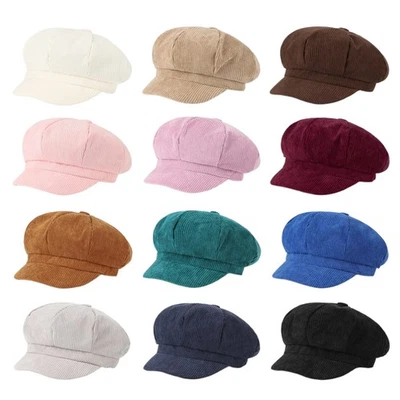 Womens Corduroy Newsboy Cap Vintage Visor Paperboy Octagonal Painter Hat Beret - Image 1 of 4