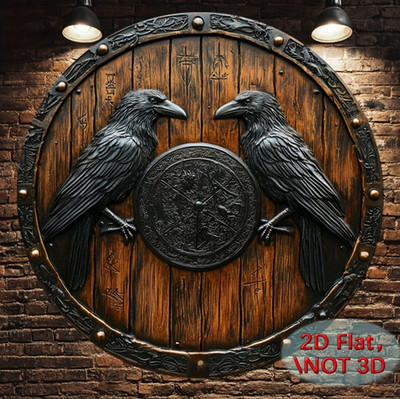 2D Flat 8X8 in Metal Sign Viking Double Ravens Battle Shield Wall Art Round Nors