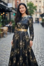 Miss Mehir Maxi Dress 1970s Style Evening Long Gold & Black Floral Size S