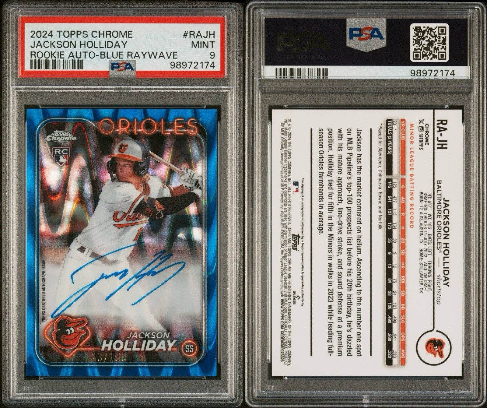 JACKSON HOLLIDAY 2024 TOPPS CHROME BLUE ROOKIE AUTO /150 #RA-JH PSA 9 view 7