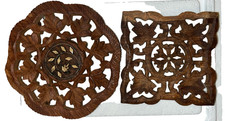Vintage Lot 2 Hand Carved Teak Wood Footed Tr...