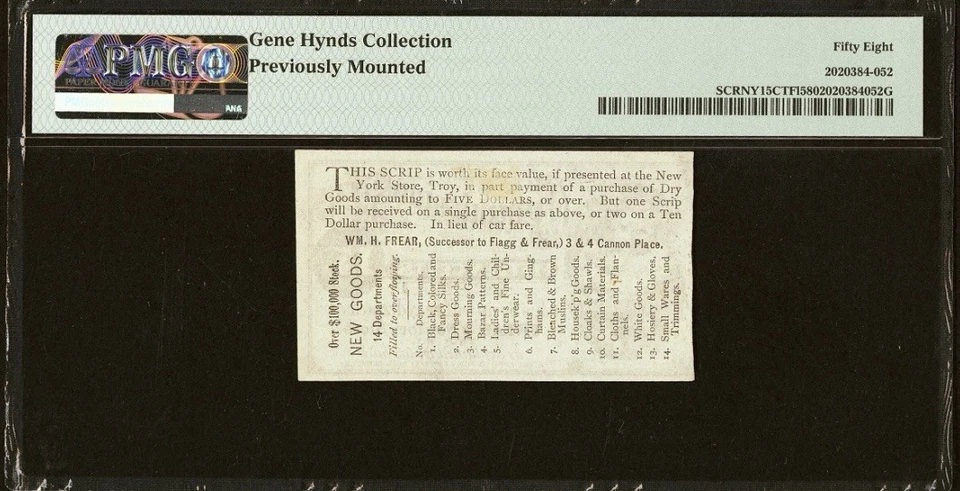 1870s NEW YORK Troy. 15 Cents Frear’s Store Scrip 15c Bank Note Currency, PMG 58 - Image 2 of 4