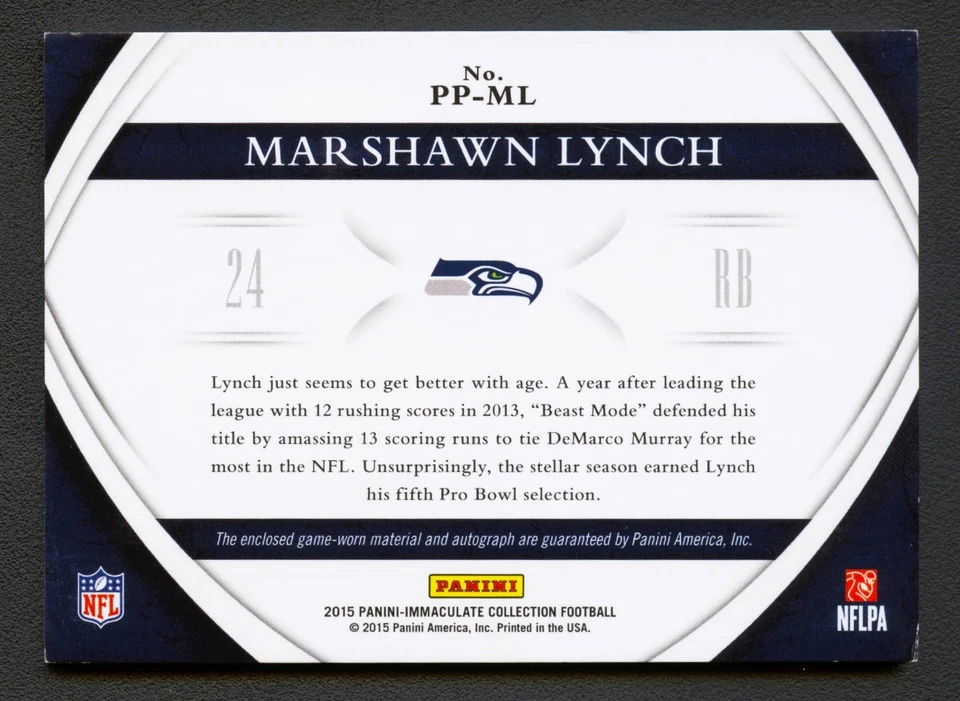 MARSHAWN LYNCH 2015 IMMACULATE GOLD PREMIUM PATCH AUTO AUTOGRAPH /49 *GAME-USED* - Image 2 of 2
