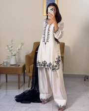 Stylish Pure Natural Crepe White Palazzo Suit With Dupatta For Women  Girls