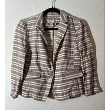 LOFT Size L Fits M Linen Blend Blazer One-Button Taupe White Striped Cropped