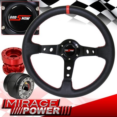 For 89-05 Eclipse Deep Dish Black Steering Wheel + Red Hub Extender + Adapter
