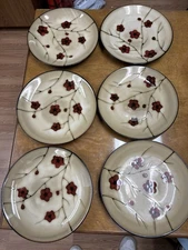 Pfaltzgraff ASTER Red Flower Beige Brown Body Stoneware Coupe Dinner Plate Set 6