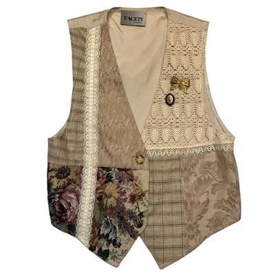 Facets Vintage Antique Patchwork Tapestry Lace Multi-Color Floral Vest Size M