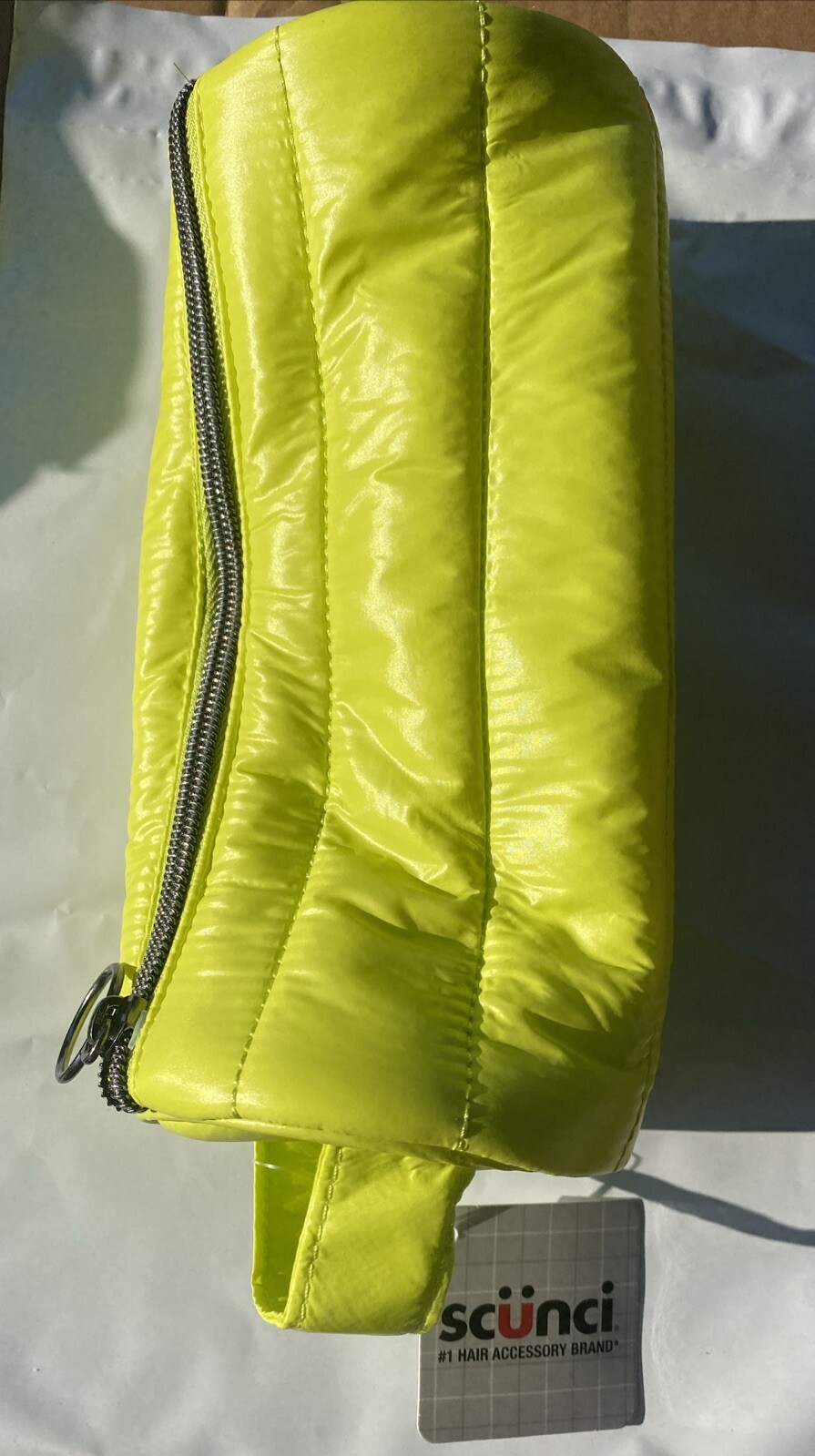 Scunci Neon Yellow Lime Zip Quilted Makeup Bag Travel Gym Accessory 8.5" x 3.75"
