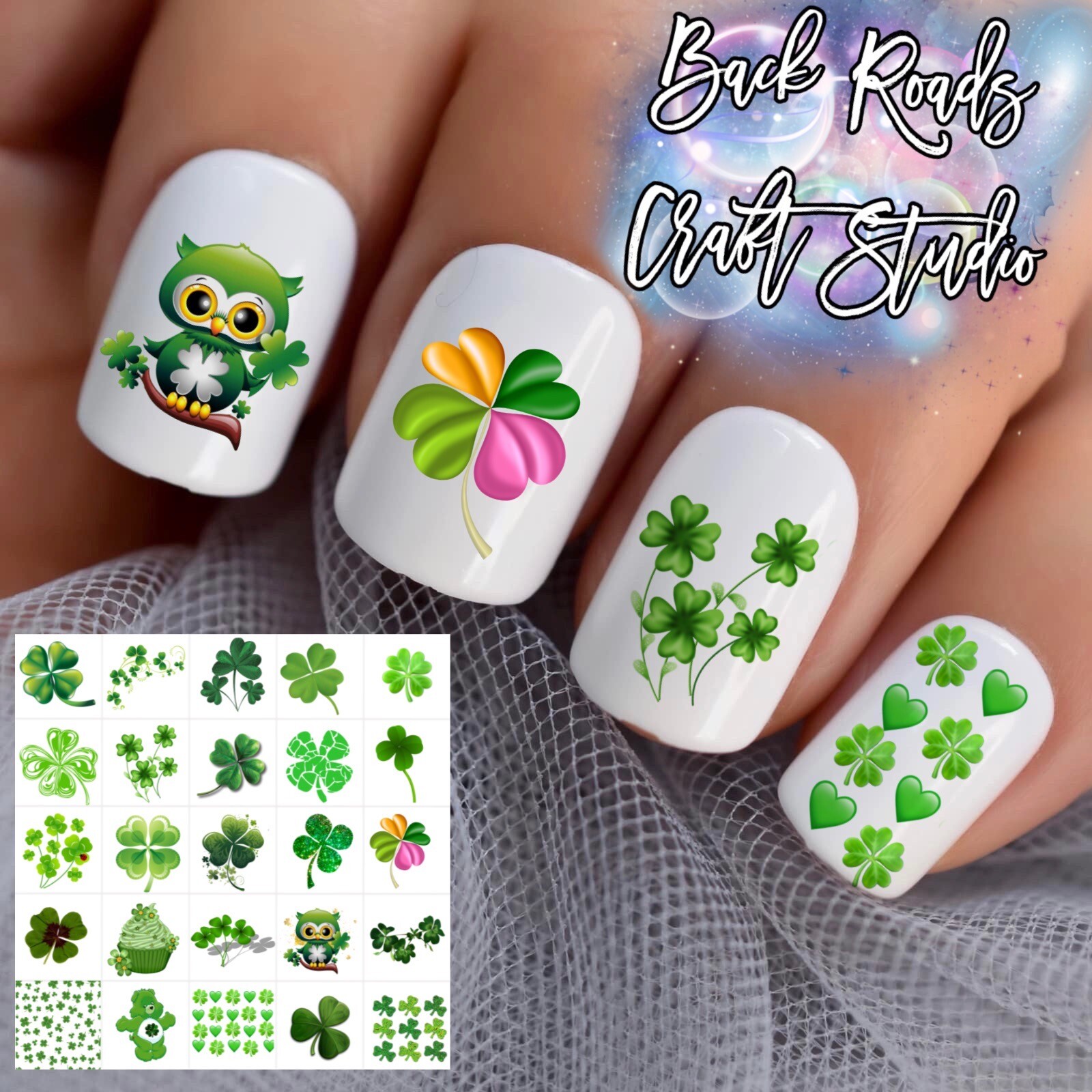 St Patricks Day Clovers Waterslide Nail Decals Set of 50 with Bonus Guide