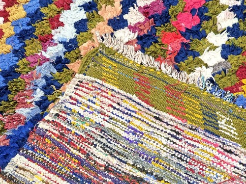 Moroccan Handmade Vintage Boucherouite2'8x9'1Berber Checker Red &Blue Cotton Rug - Picture 11 of 12