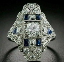 Art Deco Round Cut Lab Created Diamond  Sapphire Engagement 925 Silver Ring
