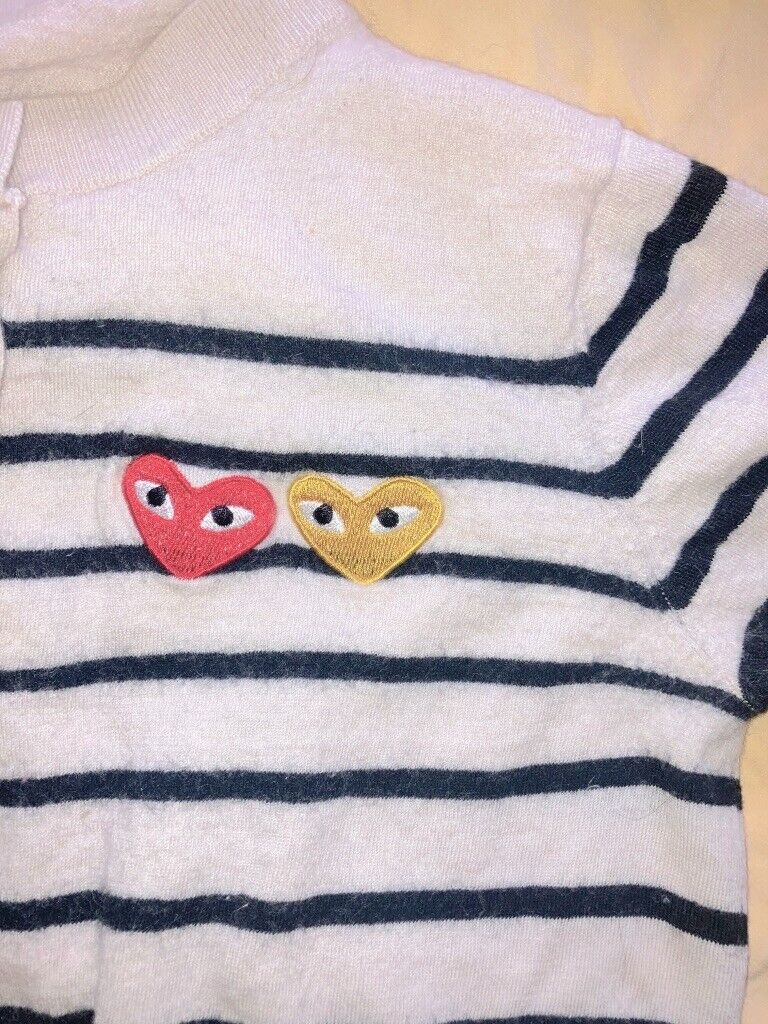 COMME DES GARCONS PLAY CARDIGAN NAVY WHITE STRIPE YELLOW RED COMME DES GARCONS PLAY CARDIGAN NAVY WHITE STRIPE YELLOW RED