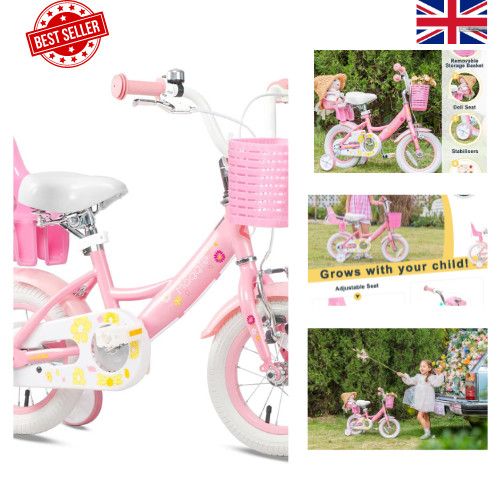 Cesta de bicicleta Glerc rosa/blanca para niñas de 2-7 años niños ruedas de entrenamiento de 14 pulgadas