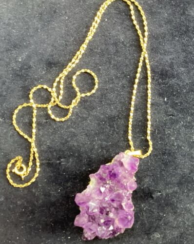 Amethyst Raw Crystal Pendant On 23” Gold Tone Chain