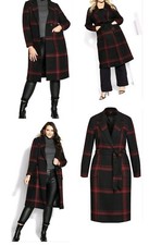 City Chic Womens Plus Size Checkmate Coat Lapel Neck Long Sleeves - Ruby