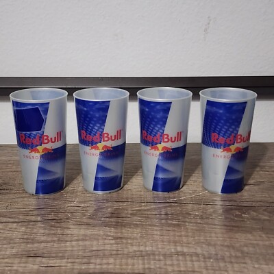 Set of 4 Red Bull Energy Drink Plastic Reusable 12oz Cups Blue/Silver