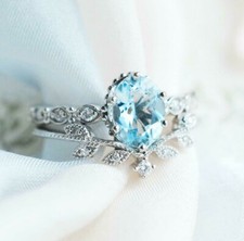 1.35Ct Aquamarine Oval Cut CZ Engagement Wedding Ring Set 925 Sterling Silver
