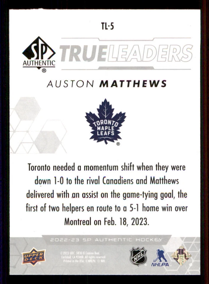 2022-23 SP Authentic True Leaders #TL5 Auston Matthews - Image 2 of 2