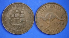 1929 George V South Africa penny & 1956 Australia penny 1d coins  **[28009]