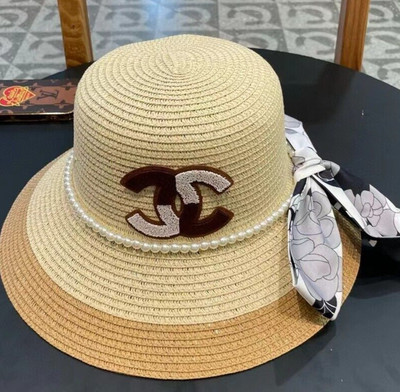Chanel straw hat flowered silk scarf for summer sun protection