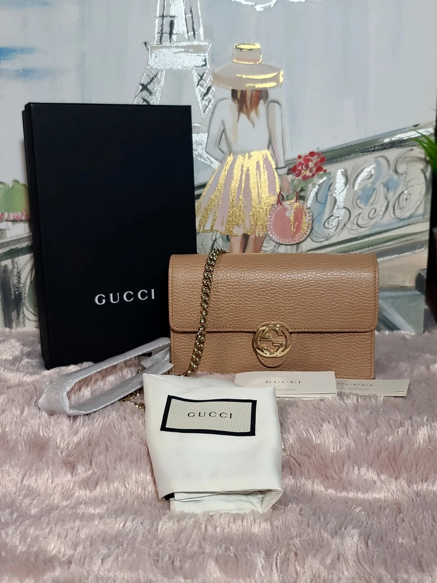 GUCCI Dollar Interlocking G Calfskin Leather Chain Wallet Crossbody Ba