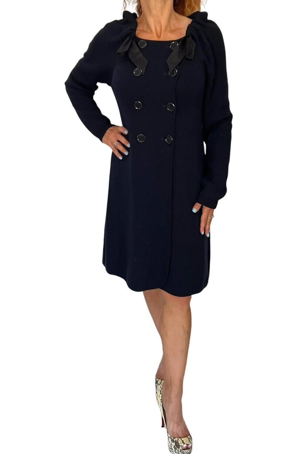 Abito cappotto Moschino blu navy nero fiocco doppiopetto maglia lana M
