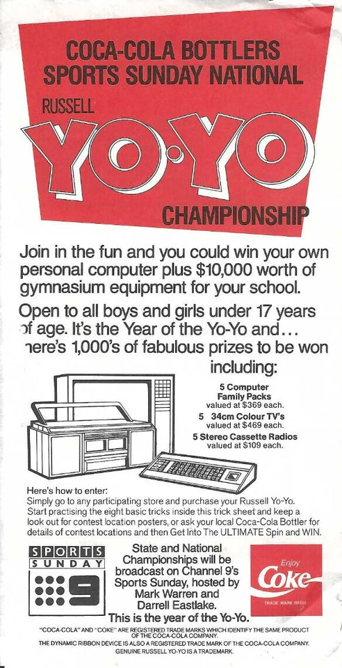 ¡Hoja de truco de coca cola yo-yo vintage años 80! CONCURSO NACIONAL/GANAR PREMIO! AUSTRALIA Foto 3 de 3