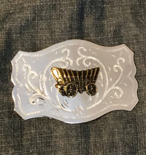 VINTAGE COVERED WAGON SILVER TONE YELLOW GOLD TONE BELT BUCKLE