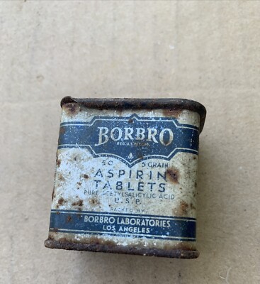 Vintage ASPRIN Tablets BORBRO  LA California MEDICINE Tin ALMOST Full