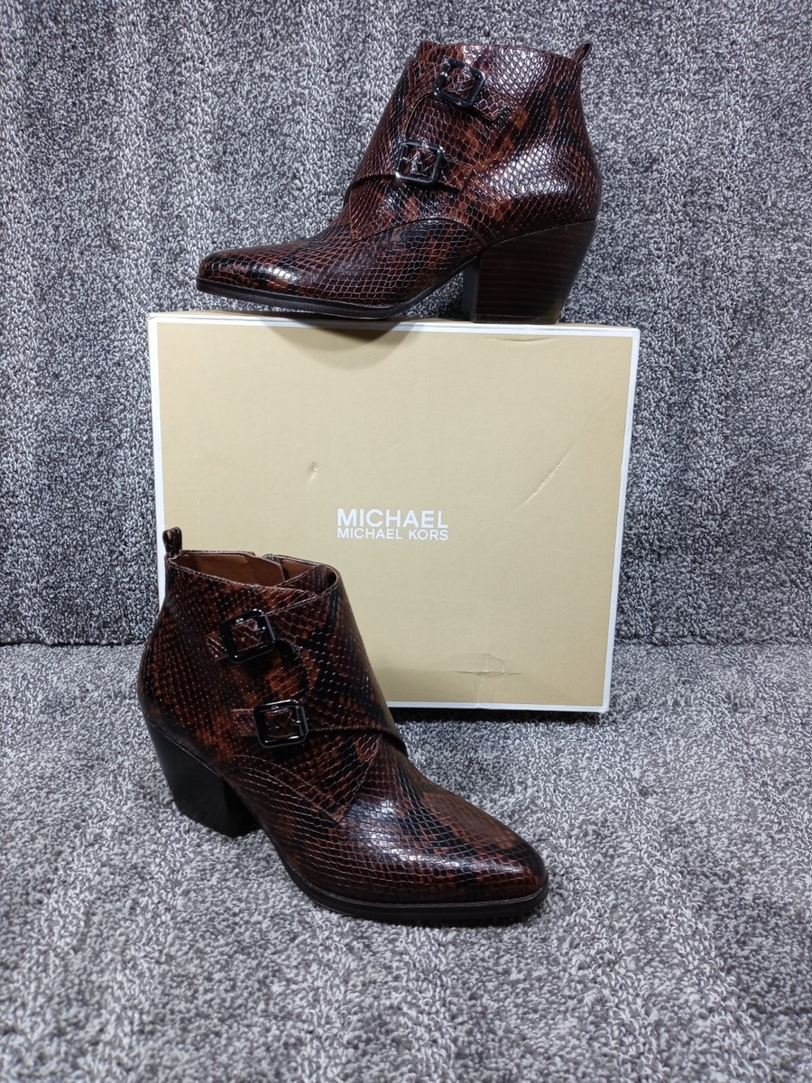 MICHAEL KORS Womens Brown Snake Print Monk Strap Detail Loni Leather  Booties
