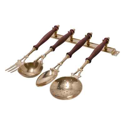 Set 4 Küchenutensilien Aus Messing Und Holz Mit Wandhalterung