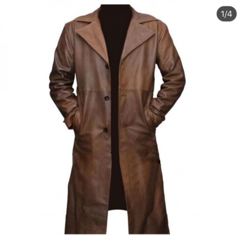 MEN VINTAGE BROWN GENUINE LEATHER JACKET, DUSTER COAT MILITARY STYLE TRENCH COAT - Afbeelding 1 van 4