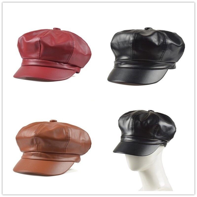 9141 Women’s Vintage Faux Leather French Beret Newsboy Hat Gatsby Adjustable Floraltop Gatsby Newsboy Caps for Women 8 Panel PU Leather  main image 2